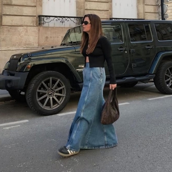 ZARA * HIGH-WAIST ZW LONG DENIM SKIRT FLARED FADED BLUE BLOGGER - Picture 7 of 16